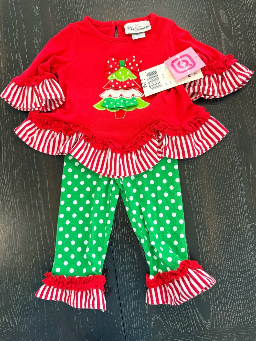Rare Editions Red and Green Holiday Tree Top & Polka Dot Leggings Set 6-9M.